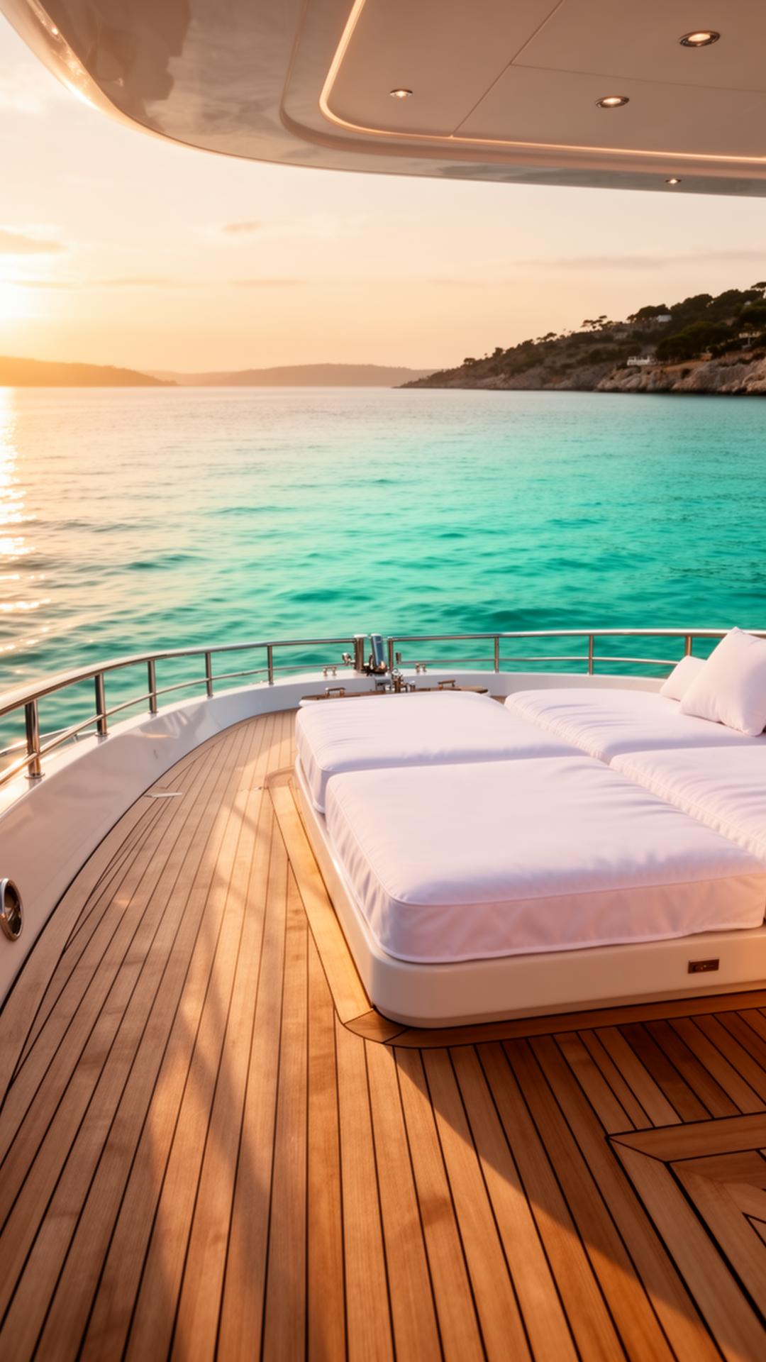 Luxury yacht deck at sunset over turquoise water
