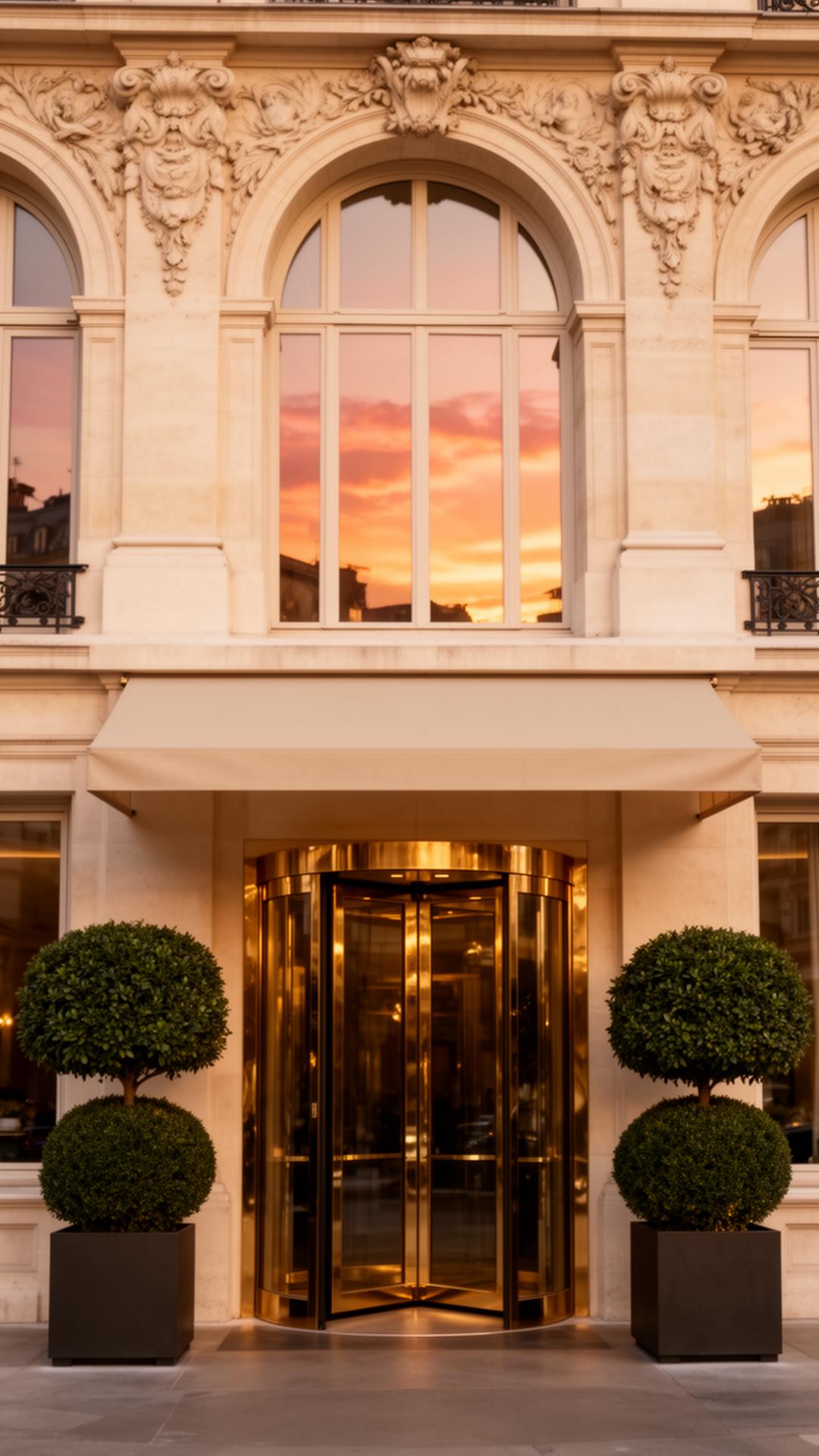 Luxury European hotel facade at golden hour